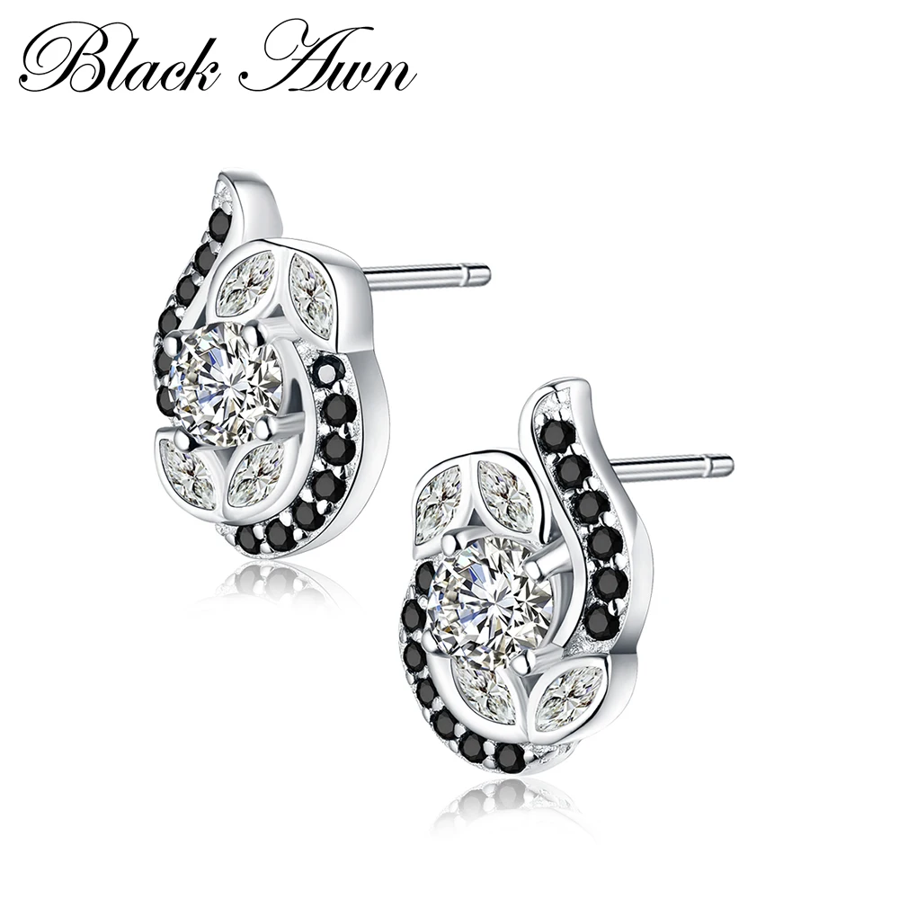 Женские серьги гвоздики с топазами BLACK AWN из 100% настоящего серебра 925 пробы черным