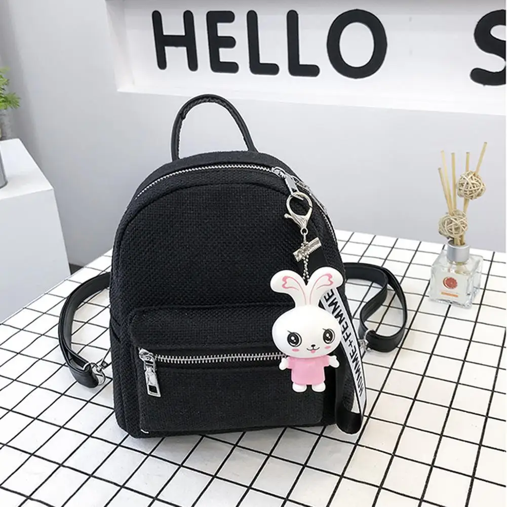 

Yfashion Mini Women Canvas Backpack Ladies Solid Color Small Backpack With Rabbit Pendants Ladies Travel Bag