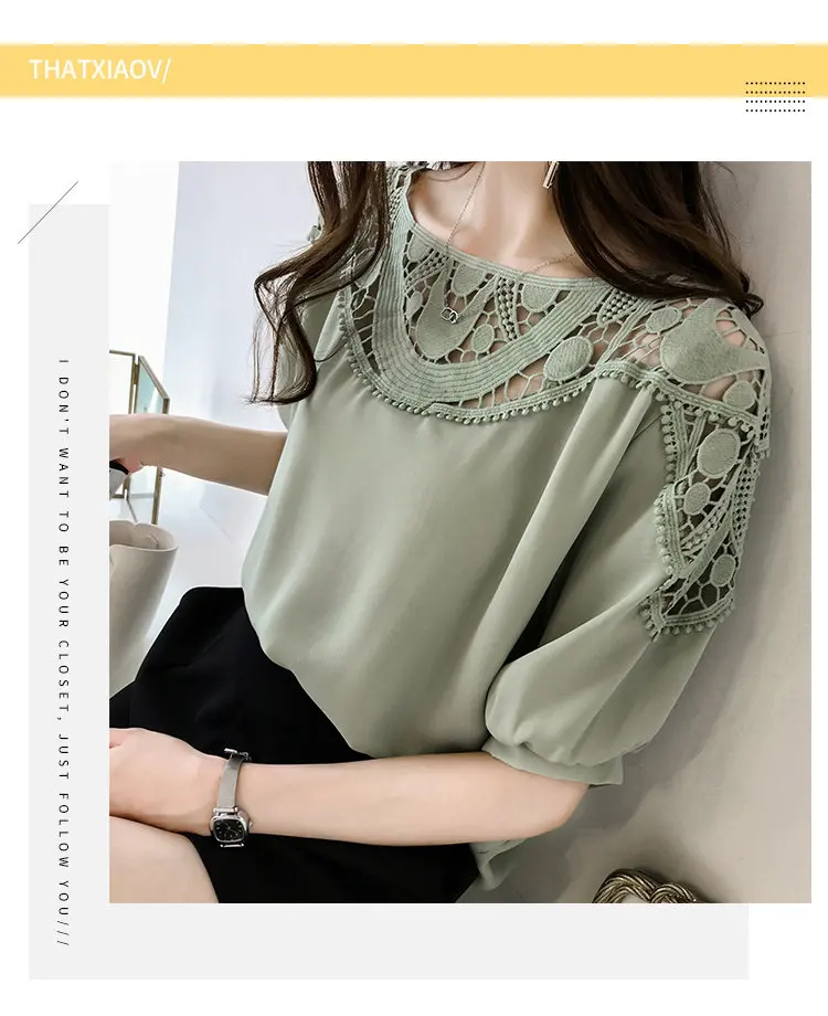 New Summer Tops Large Size Chiffon Blouses Women Korean-style Hollow Lace Patchwork Shirts Femme Casual Short Sleeve Blusas Mujer De Moda 2019 (1)