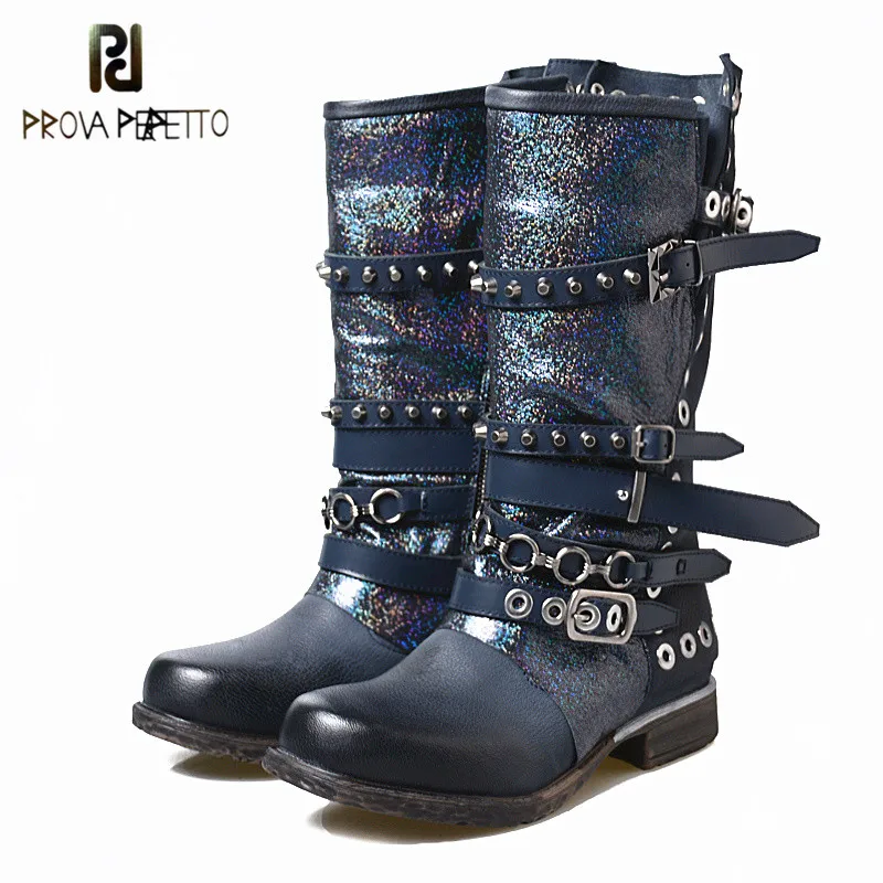 

Prova perfetto 2018 Winter Fashion Do-the-old Woman Mid-boots Rivet with Buckle Strap Retro Solid Color Comfortable Female Boots