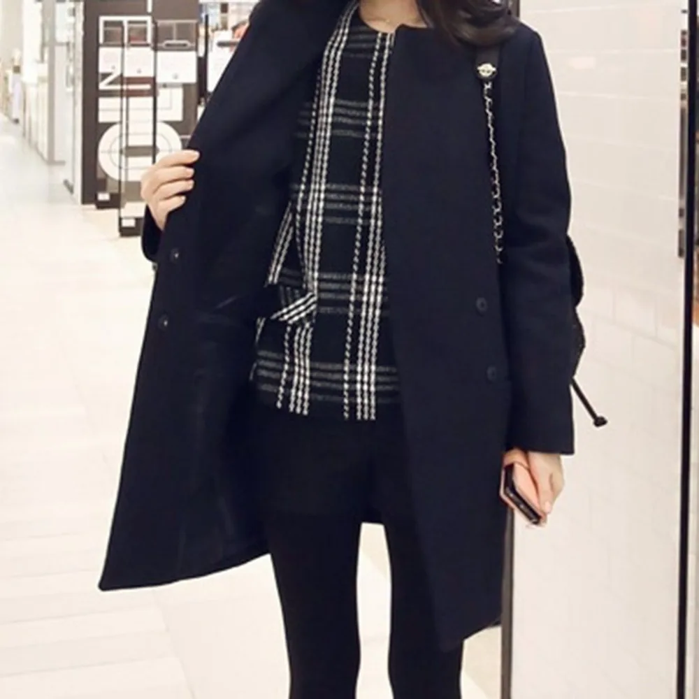 Женское шерстяное пальто средней длины с длинными рукавами, Осеннее теплое пальто с воротником, серое двубортное хлопковое пальто