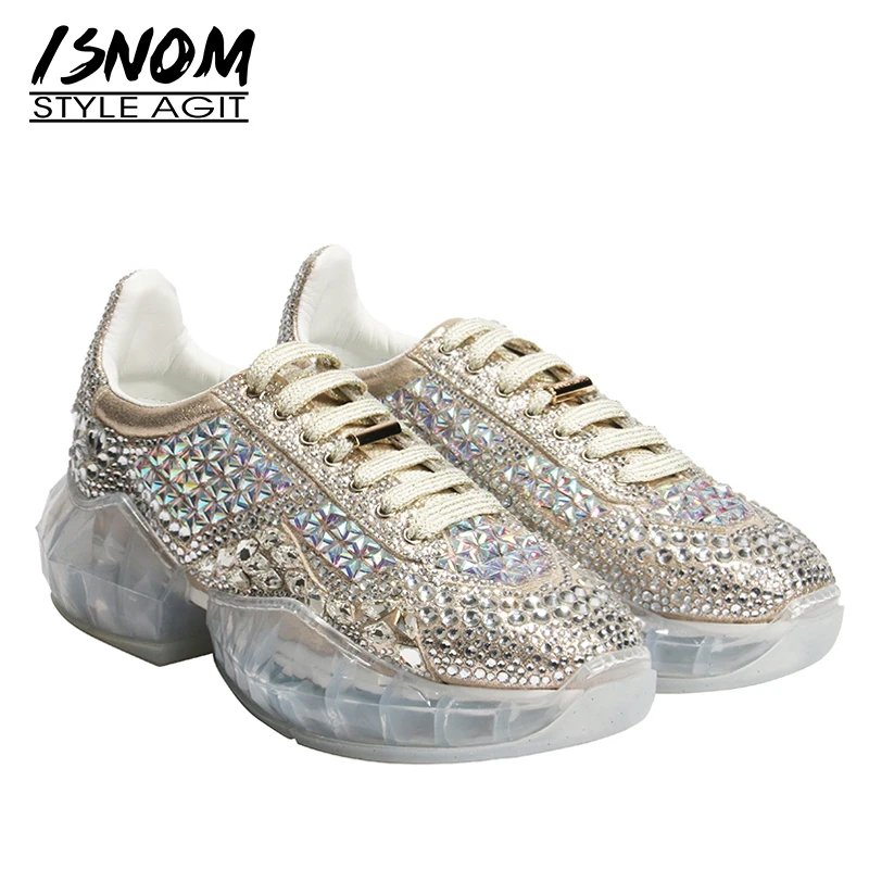 

ISNOM Fashion Casual Flats Women Square Toe Footwear Platform Clunky Shoes Female Transparent Sole Crystal Sneakers Shoes Woman