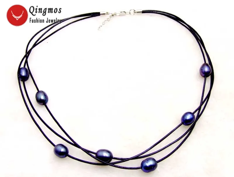 

Qingmos Natural Pearl Necklace for Women with Black Rice 10-11mm Pearl Pendant Necklace Leather 3 Strands Chokers Necklace 5939