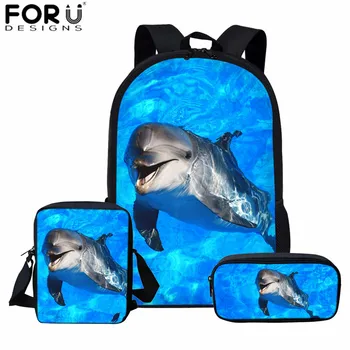 

FORUDESIGNS Blue Dolphin Kids Backpack for Girls Sea Animal Print School Bag Set Children Daily Bagpack 3Pcs with Pencil Bag