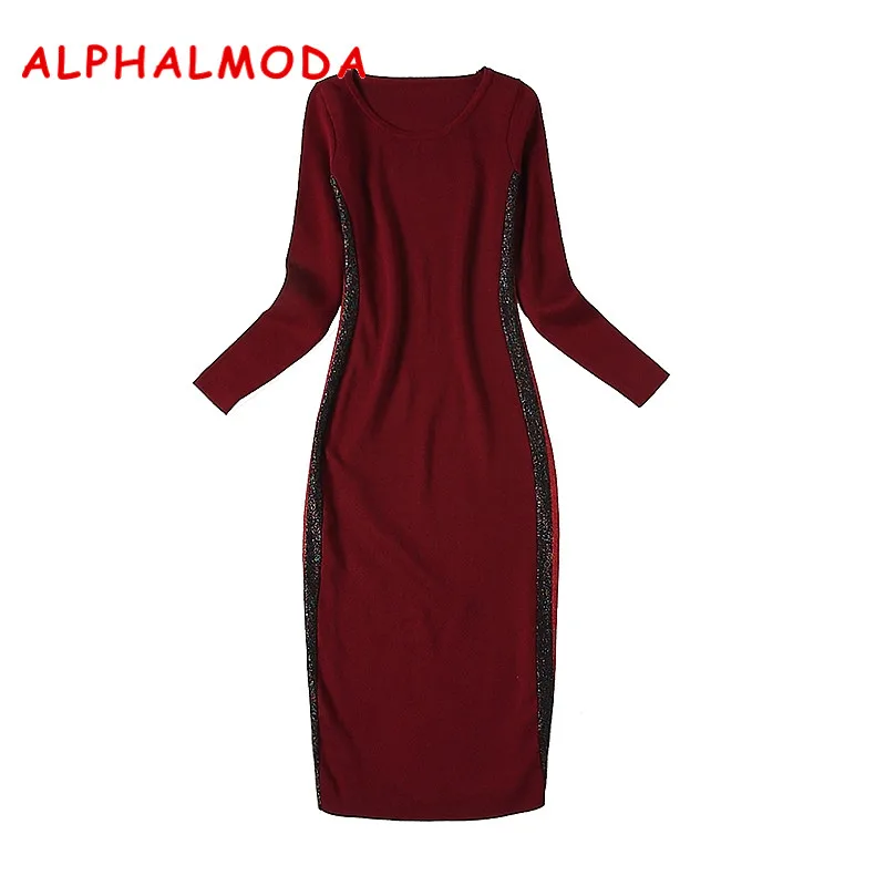 

ALPHALMODA 2018 Autumn Winter Women's Knitted Bottom Dress Long-sleeved Shining Striped Patchwork Slim Casual Knit Vestidos