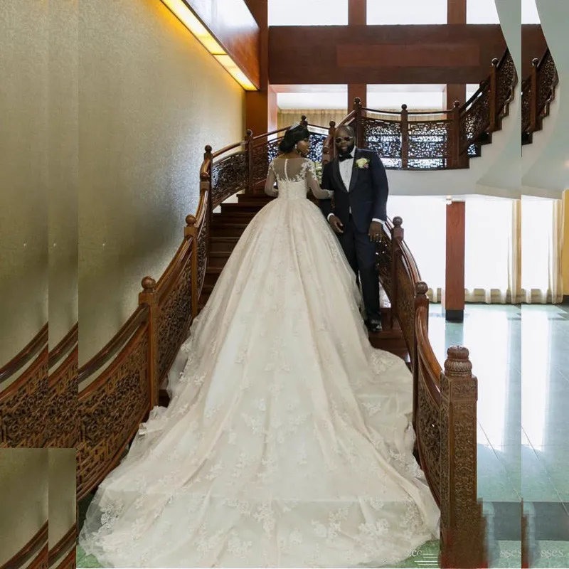 Роскошные Винтаж кружево Свадебные платья Роскошные собор поезд с длинным рукавом свадебное платье 2019