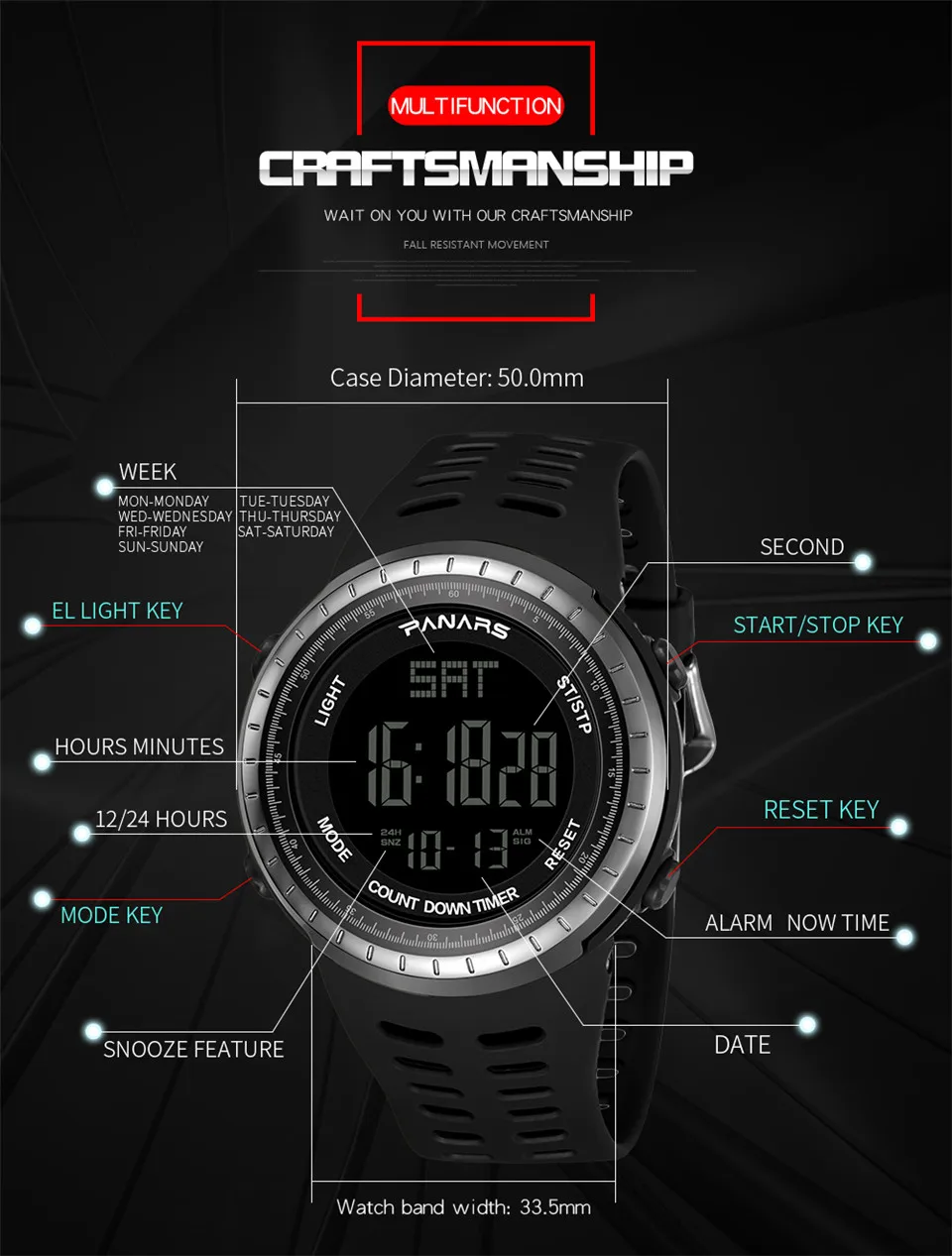 PANARS Brand Men's Watches LED Digital Watch Men Wrist Watch Black Alarm 50m Waterproof Sports Watches For Men Relogio Masculino (4)