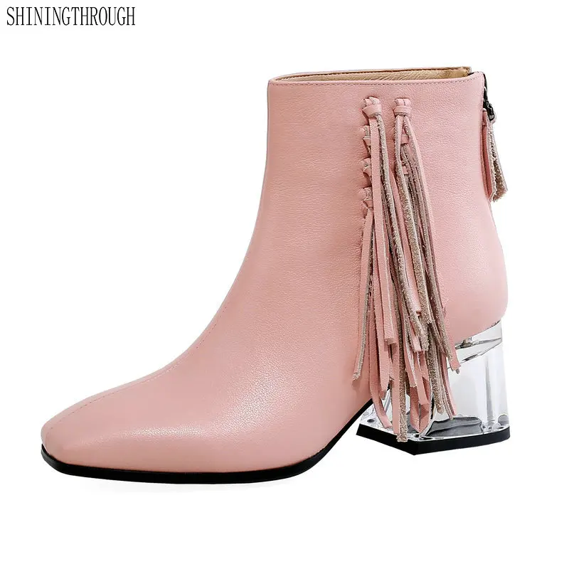 

New Arrival Women Ankle Boots Autumn Winter Genuine Leather High Heels Shoes Woman square Toe Elegant Office Shoes
