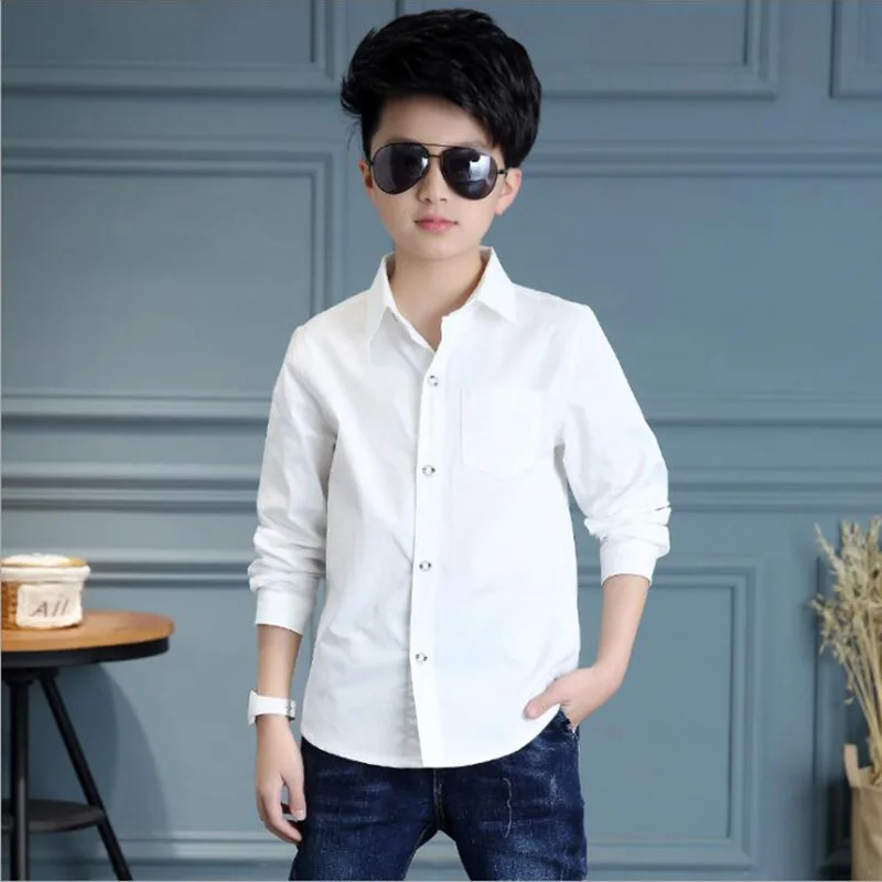 Повседневные рубашки для мальчиков хлопковая блузка для мальчиков однотонные рубашки с карманами для детей - Цвет: white