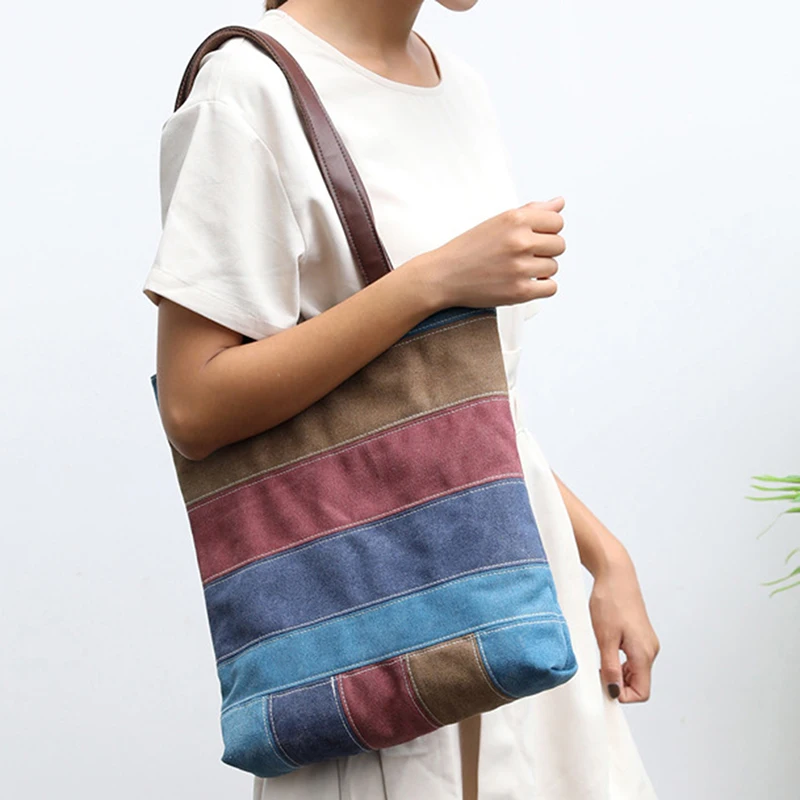 Women Student Handbag Stripe Canvas Casual Tote Bag Shoulder Bags Shopping Bag 