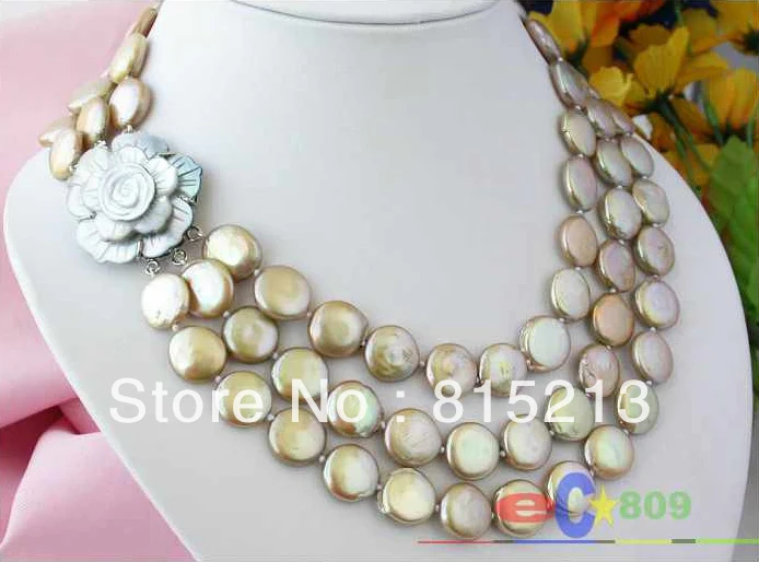 

N1625 AAA 3ROW 14MM champagne COIN FRESHWATER PEARL NECKLACE AAA