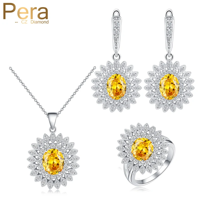 

Pera New Trendy Party Silver Color Jewelry Big Yellow Crystal Stone Sun Flower Pendant Necklace Earring Ring For Women Gift J264