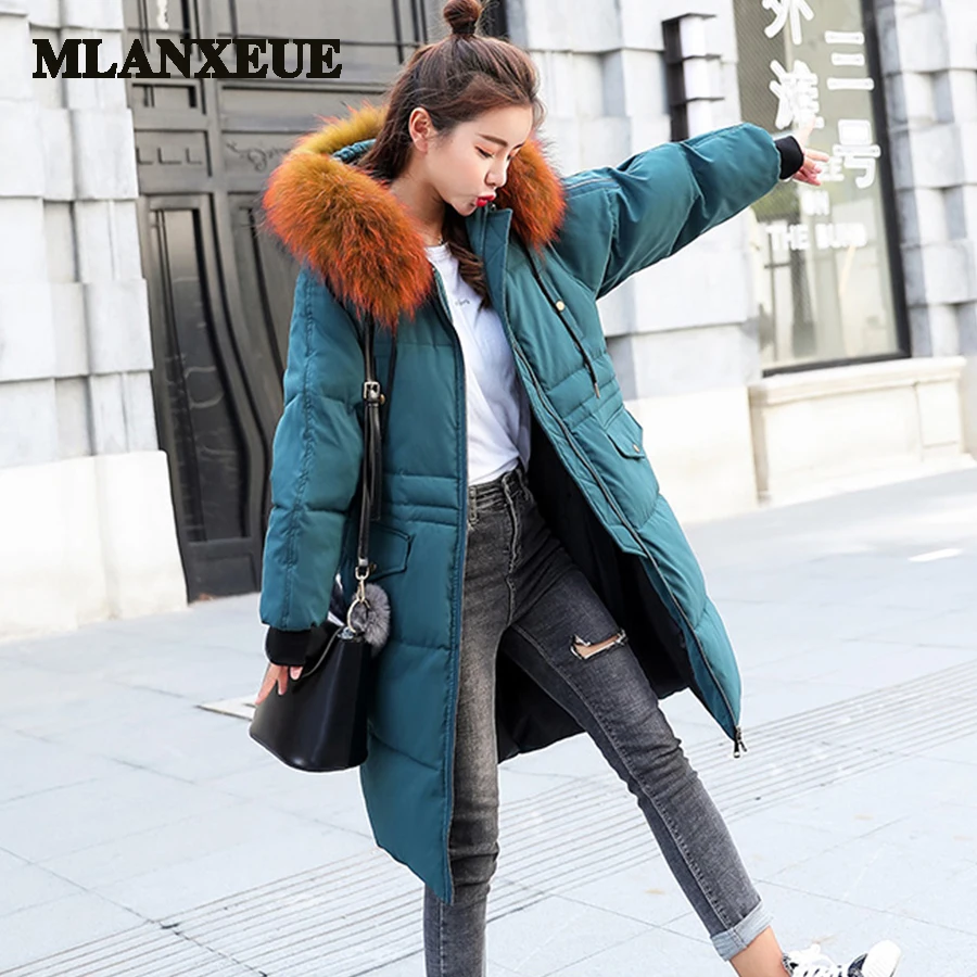 Beste Effen brood pak straight warm lange down jassen vrouwen met bont trim hood girdling rits zakken vrouwen down jas plus size winter