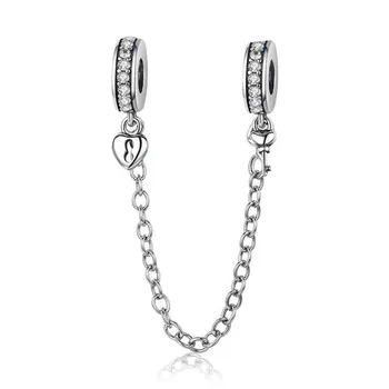 

WOSTU Authentic 925 Sterling Silver Stackable Heart Love Dangle Safety Chain Charm With CZ Fit Original Bracelet Jewelry BKC606