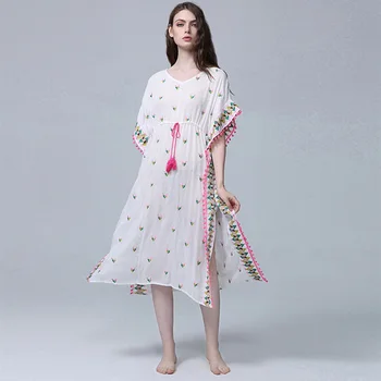 

Ethnic Style Women Dress Vintage Batwing Sleeve Loose Dresses Woman White Tassel Midi Women's Clothing