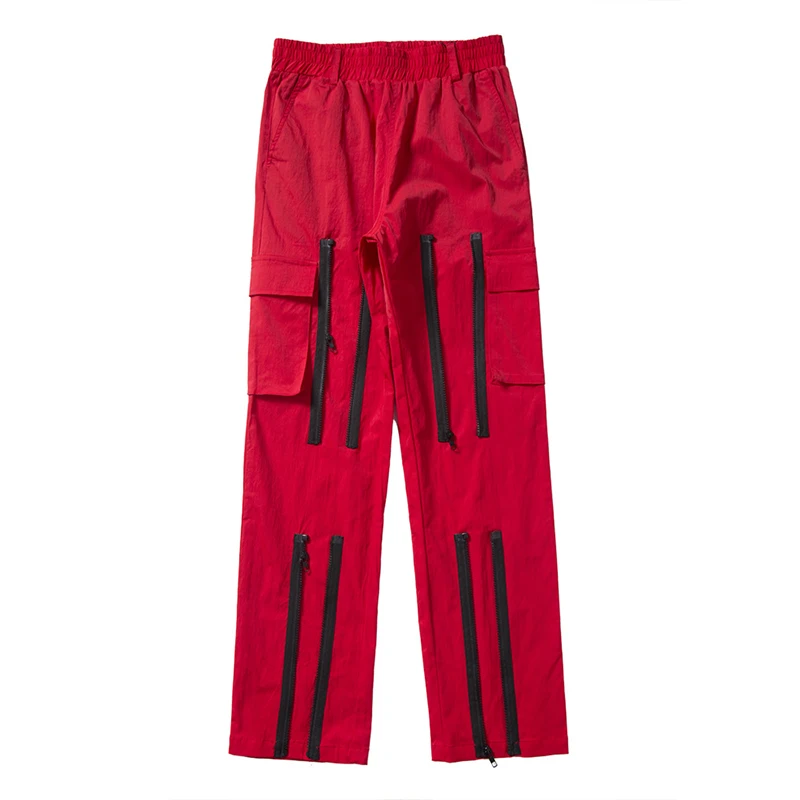 Red Function Multiple Zipper Cargo Pants Men Harajuku Hip Hop Multi-pocket Casual Pants Youth Personality Straight Trousers
