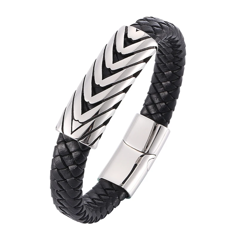 

Punk Men Jewelry Black Braided Leather Bracelet Stainless Steel Magnetic Clasps Bracelets Bangles Male Wrist Band Simple PW793