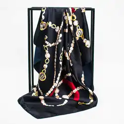 Новый Лето 2019 г. Мода квадратной головкой шелковый шарф для женщин Винтаж цепи печати Хиджаб Платки Элитный бренд шарфы, сатин шаль 90*90