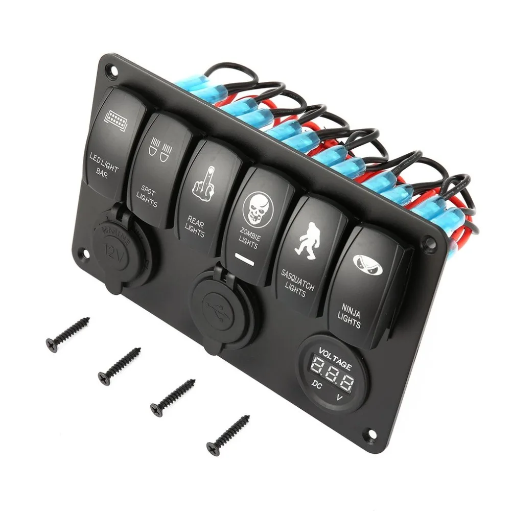 

5 PIN 6 Gang Waterproof RV Car Marine Boat Circuit Breaker Red LED Rocker Switch Panel Dual USB Charger Cigarette Socket