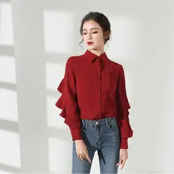 Офисные женские туфли Camisa feminina листьев лотоса Для женщин Топы корректирующие Однотонная одежда Для женщин Блузка шифон Одежда для Для