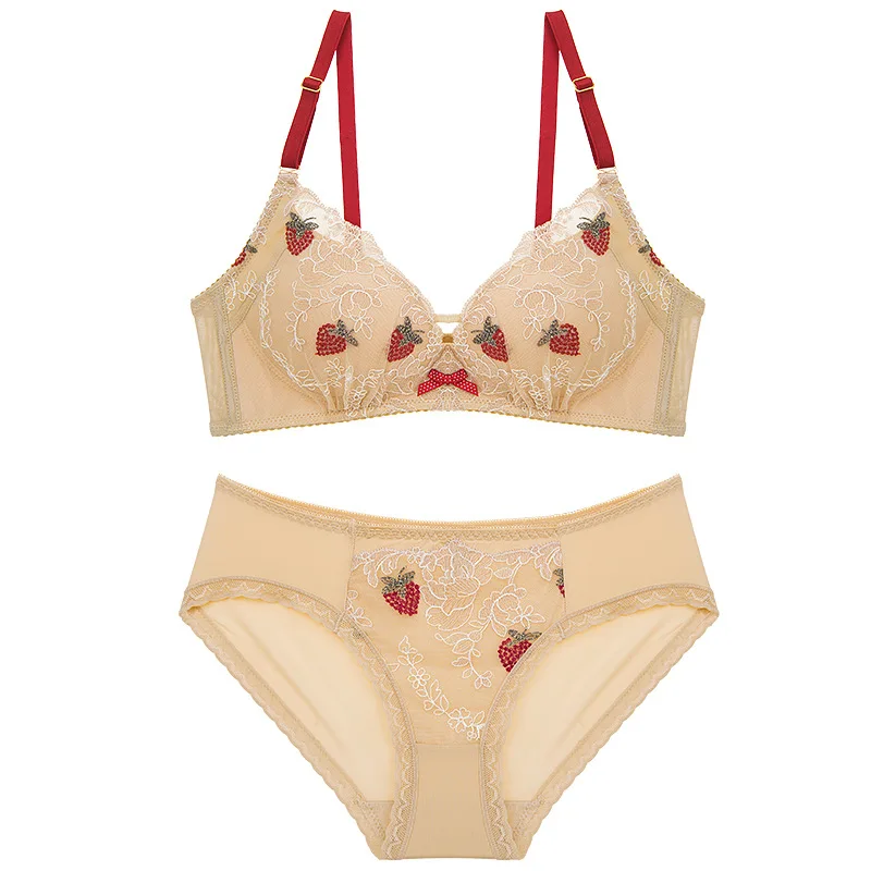 

Fashion Japanese Embroidered Strawberry Women Bra Set Sexy Thin 3/4 Cup Kawaii Lingerie Romantic and Aesthetic Pastoral Style