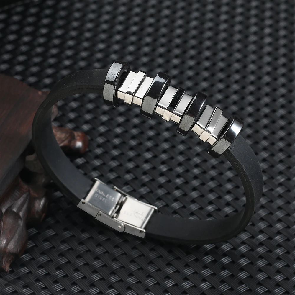 

2018 New Black Silicone Bracelets & Bangles Men Punk Stainless Steel Rubber Male Bracelet Wristband jewelry pulseira feminina