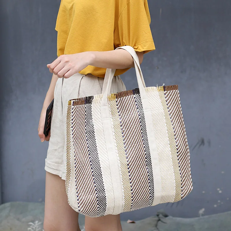 

Oversize Big Tote Bag for Women Fabric Striped Pattern Casual Top-handle Bag 2019 Leisure Big Capcity Summer Beach Open Handbag