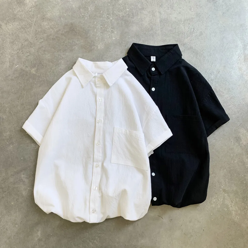 

Summer Men's Trend Loose Solid Color Pocket Button Lapel Half Sleeve Casual Slim Fit Business Basic Casual Loose Thin Tops 7.12