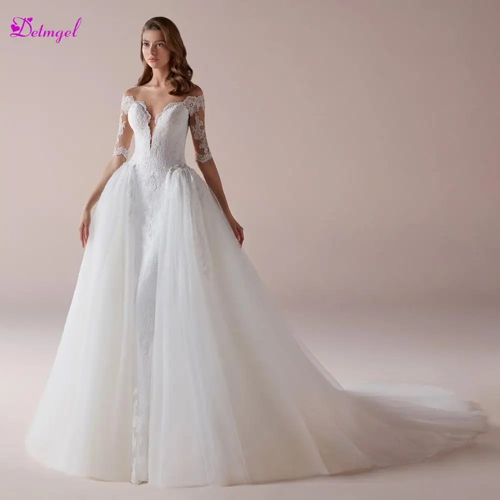 

Detmgel Elegant Scoop Neck Half Sleeve Lace Mermaid Wedding Dresses 2020 Detachable Train Appliques Trumpet Bride Gown Plus Size