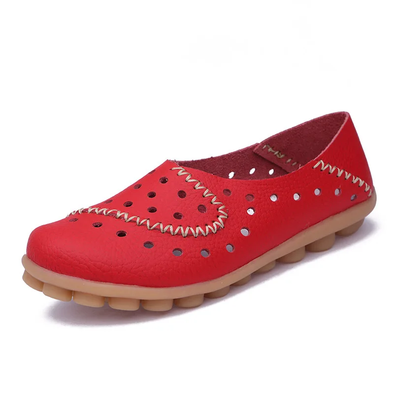 Весенние женские мокасины; удобная женская обувь с вырезами; лоферы на плоской подошве; лоферы из натуральной кожи без застежки; женская повседневная обувь ручной работы - Цвет: Красный