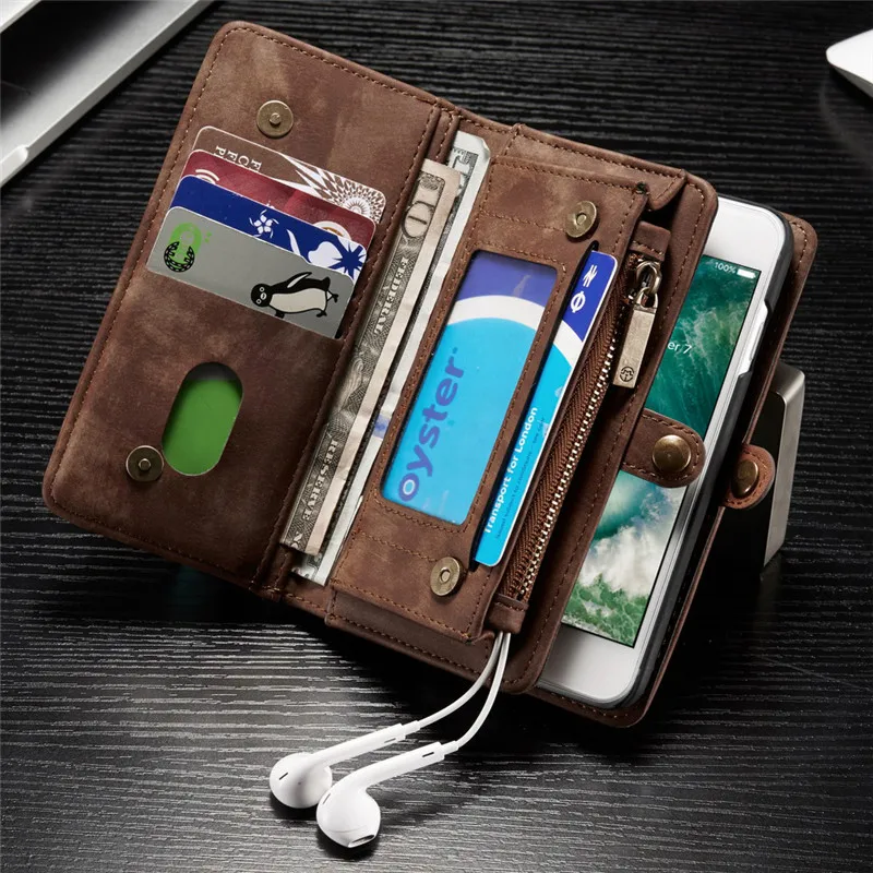 

CaseMe For iPhone 7 Case Wallet Genuine Leather Flip Zipper Phone Bag for iPhone7 7Plus Detachable Magnetic Cover Card Slots