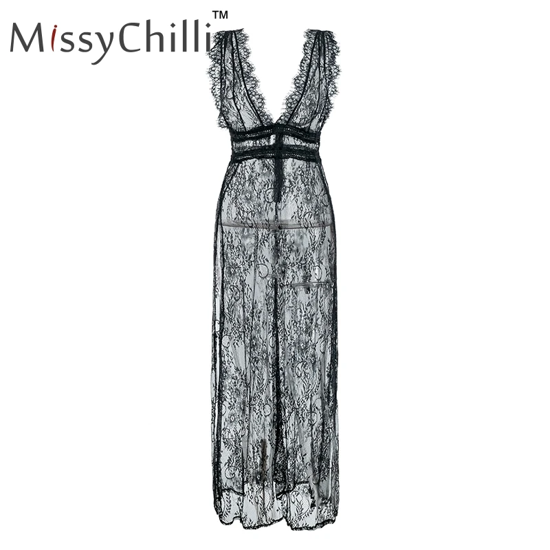 Женское Прозрачное платье MissyChilli Черное длинное кружевное с высоким разрезом и
