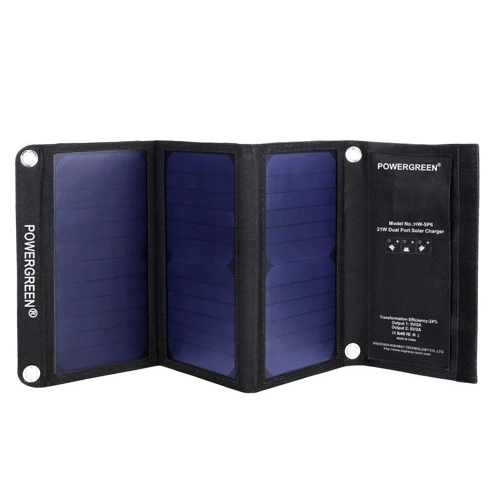 

PowerGreen High Wattage Solar Panel Bag 21W 2-USB Folding Solar Charger for Phone