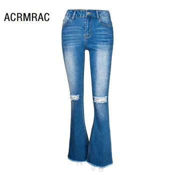 

Woman jeans Slim spring Autumn jeans Mid waist Hole elastic force Flare pants Skinny jeans Woman AM133