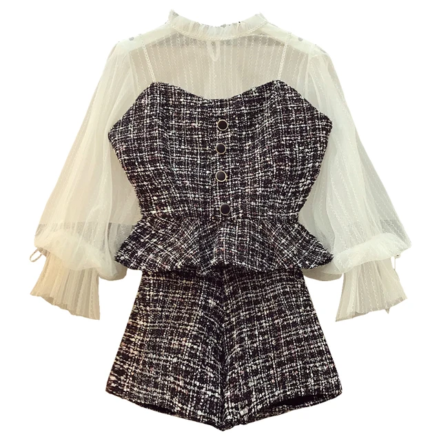 2018 Autumn Winter Small Fragrance Clothes Sets Womens Fashion Dances Dress Set Lace Shirt +sling Tweed Vest + Shorts 3 Pieces