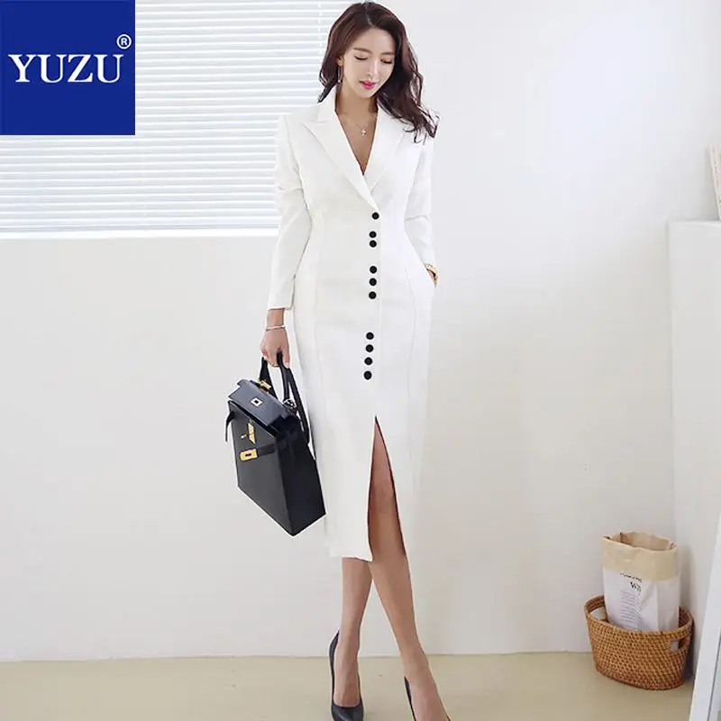 Long Blazer Dress Winter Black White Turn-down Collar Single Breasted Long Sleeve Office Lady 2018 Autumn Women Fashion Coats