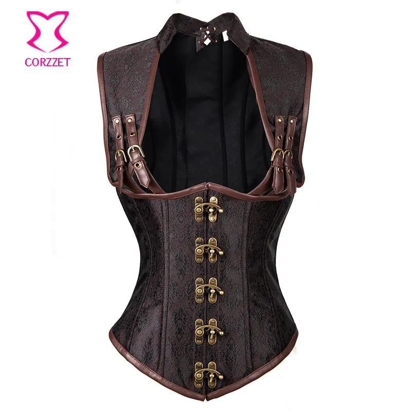 

Gothic Collared Top Brown Steampunk Corset Underbust Jacket Vest Plus Size Corsets and Bustier Steel Bone Korsett For Women Sexy