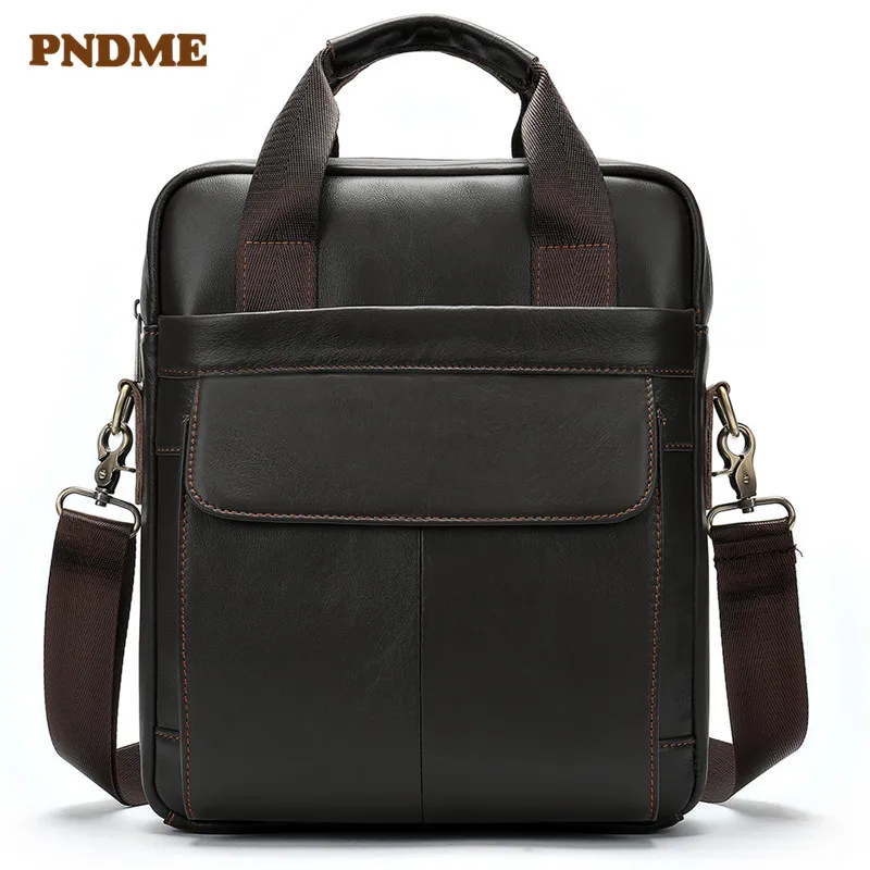 

PNDME first layer leather men's bag business shoulder bag retro vertical paragraph portable briefcase casual diagonal package