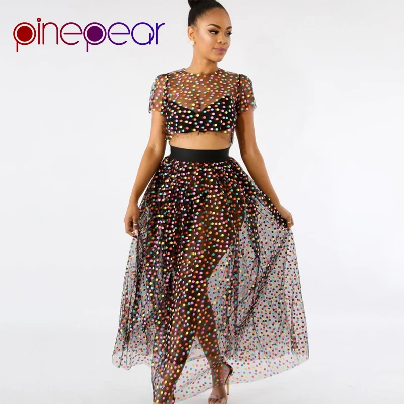 PinePear Candy Color 2019 Spring 2 Piece Set Cute Colourful Dot Transparent Mesh Sheer Maxi Dress Women Sweet Party Club Outfits PinePear Candy Color 2019 Spring 2 Piece Set Cute Colourful Dot Transparent Mesh Sheer Maxi Dress Women Sweet Party Club Outfits