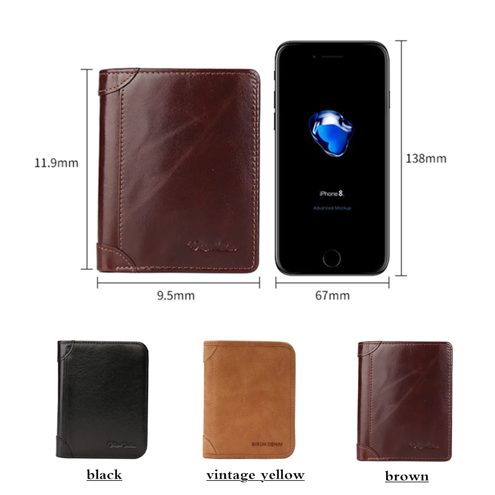 BISON DENIM Genuine Leather RFID wallet Men red brown vintage purse card holder Brand men wallets dollar price Male Purse 4361