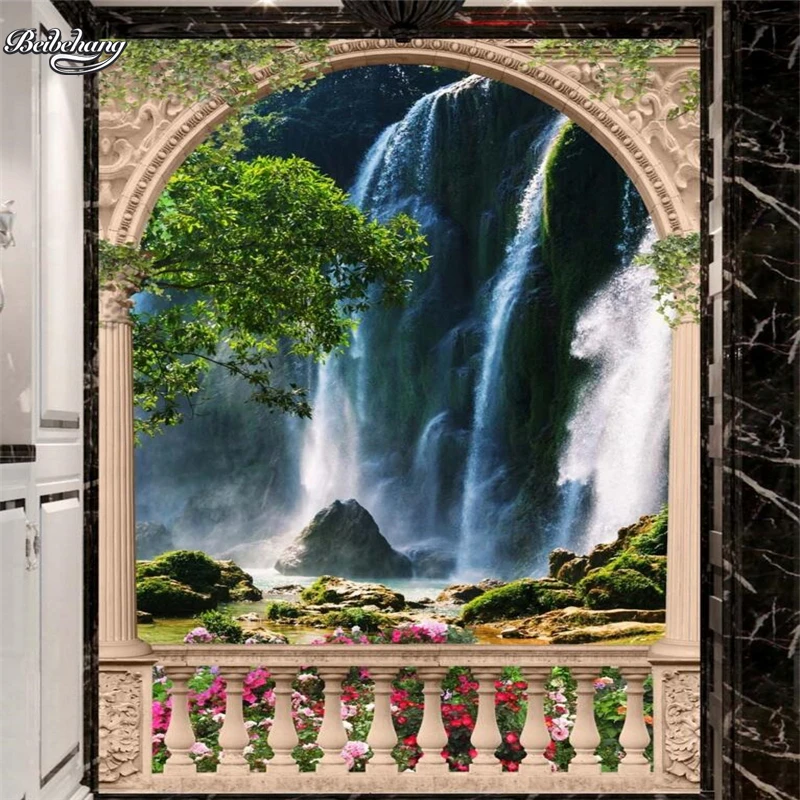 

beibehang European - style arches balcony waterfall landscape 3D entrance large - scale custom wallpaper non - woven wallpaper