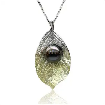 

Free Shipping 8-9mm Round Black Green Genuine Tahitian Pearl Pendant 950 Sterling Silver