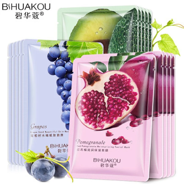 

Skin Care Korean Fruit Essence Grape Avocado Pomegranate Face Mask Hydrating Moisturizing Nourish Sheet Mask 10Pcs
