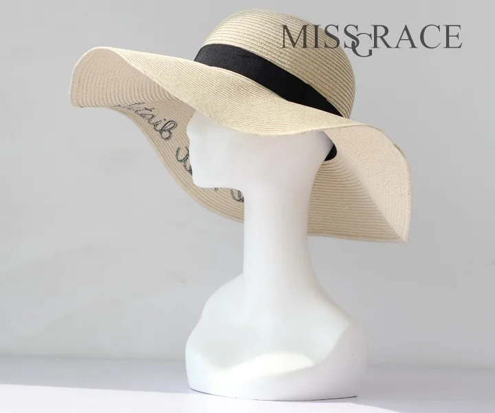Летние Для женщин солнечные шляпы для дам широкие поля, из соломы Шапки на открытом воздухе складные пляжные панамки шляпка для церкви соломенная шляпа с вышитыми буквами Feminino Защита от солнца