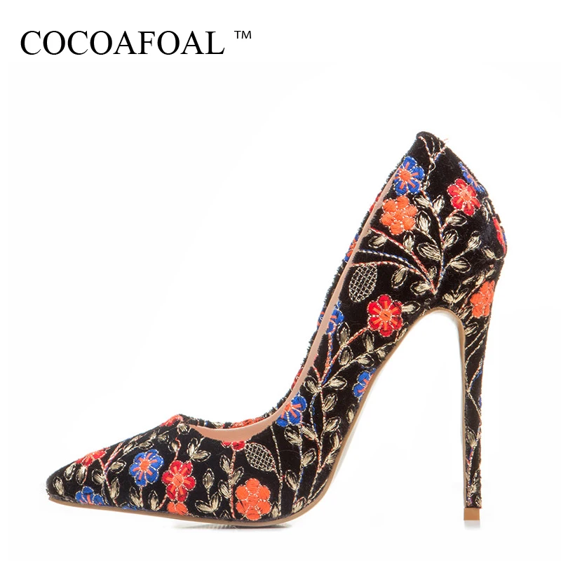 

COCOAFOAL Woman Embroider Pumps Plus Size 33 - 43 Fashion Sexy Ultra High Heels Shoes Flower Party Stiletto 12 CM Wedding Pumps