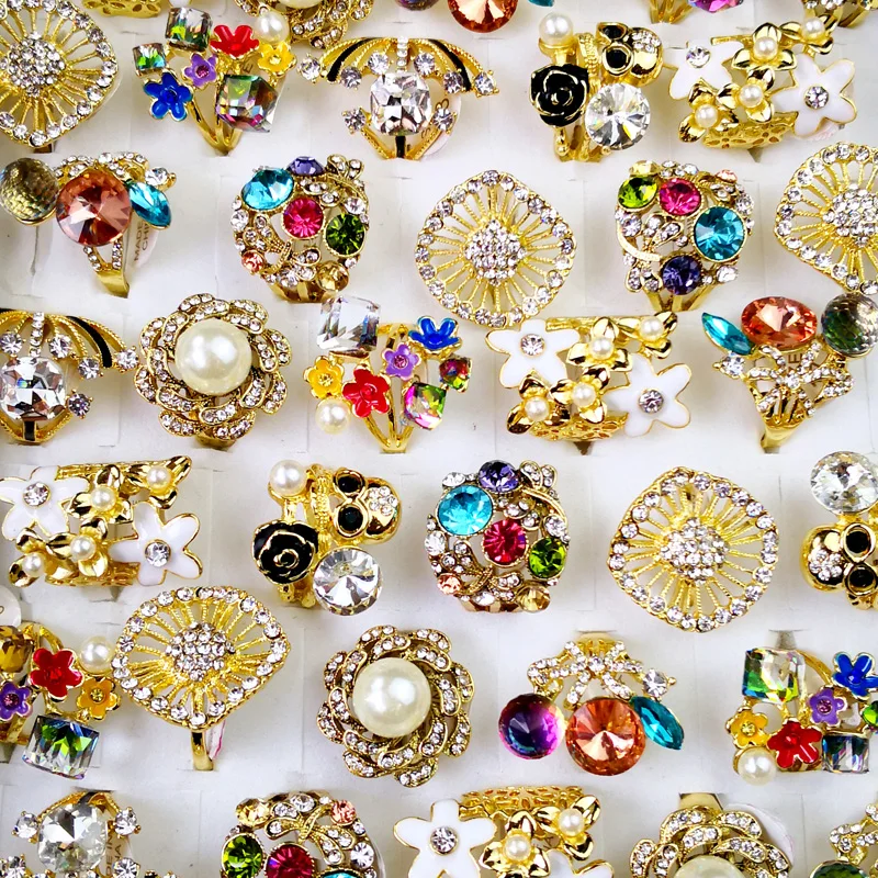 50pcs Wholesale Mixed Lots Colorful Round Rhinestone Jewelry Lady's Fashion Ring