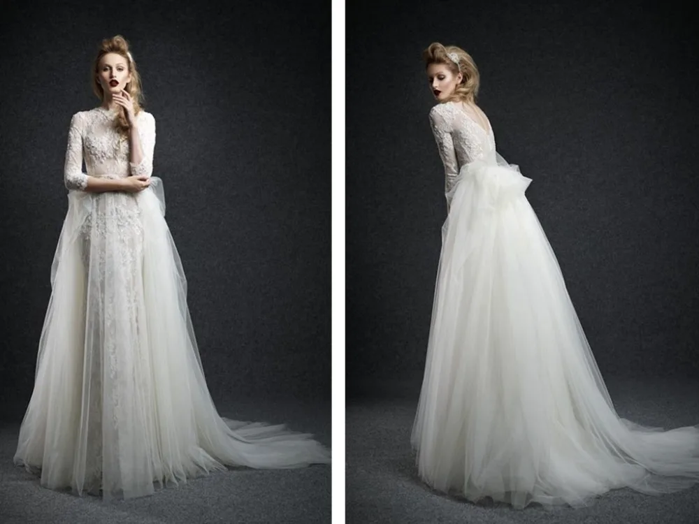 

2015 Ersa Atelier Wedding Dress Vestido De Novia O Neck 3/4 Long Sleeve A Line Sweep Train Lace Wedding Dresses