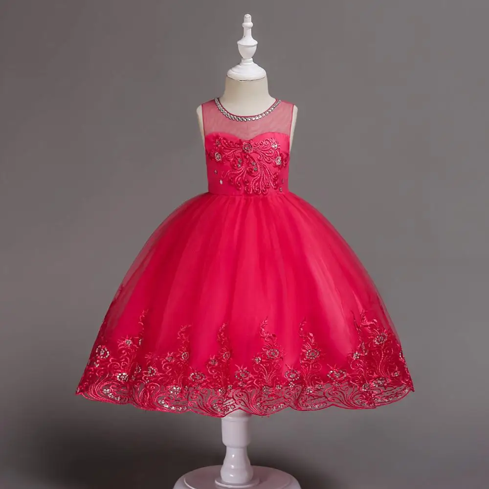 Платье с цветочным узором; Кружевной Костюм с блестками и вышивкой для подростков; Детские платья; элегантные вечерние платья для девочек на свадьбу и День рождения; WG561 - Цвет: rose red