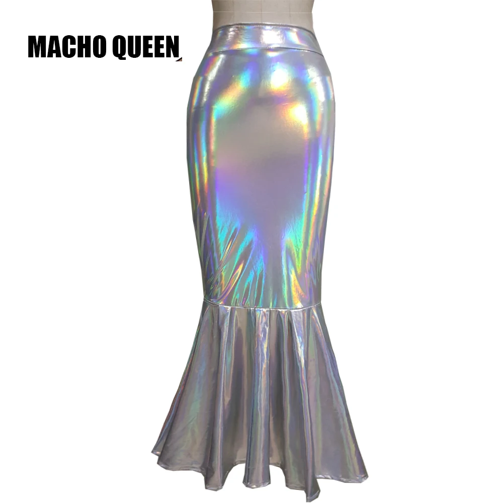

Silver Holographic Women Mermaid Tail Maxi Skirt Clothes Laser Hologram Foil Fabric Long Skirt Rave Festival Outfits