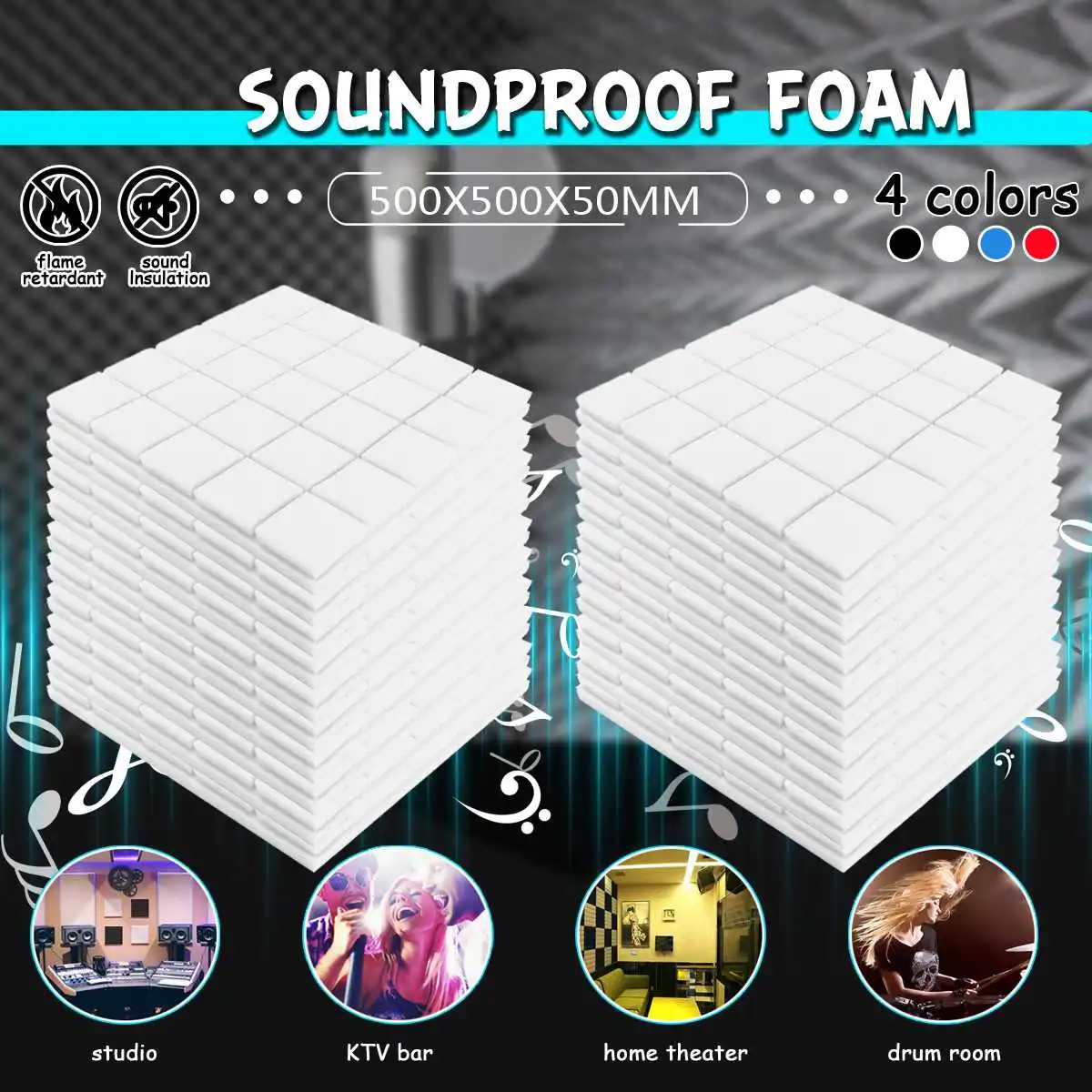 

24Pcs 4Colors 50x50x5cm Studio Acoustic Soundproof Foam Sound Absorption Treatment Panel Tile Wedge Protective Sponge